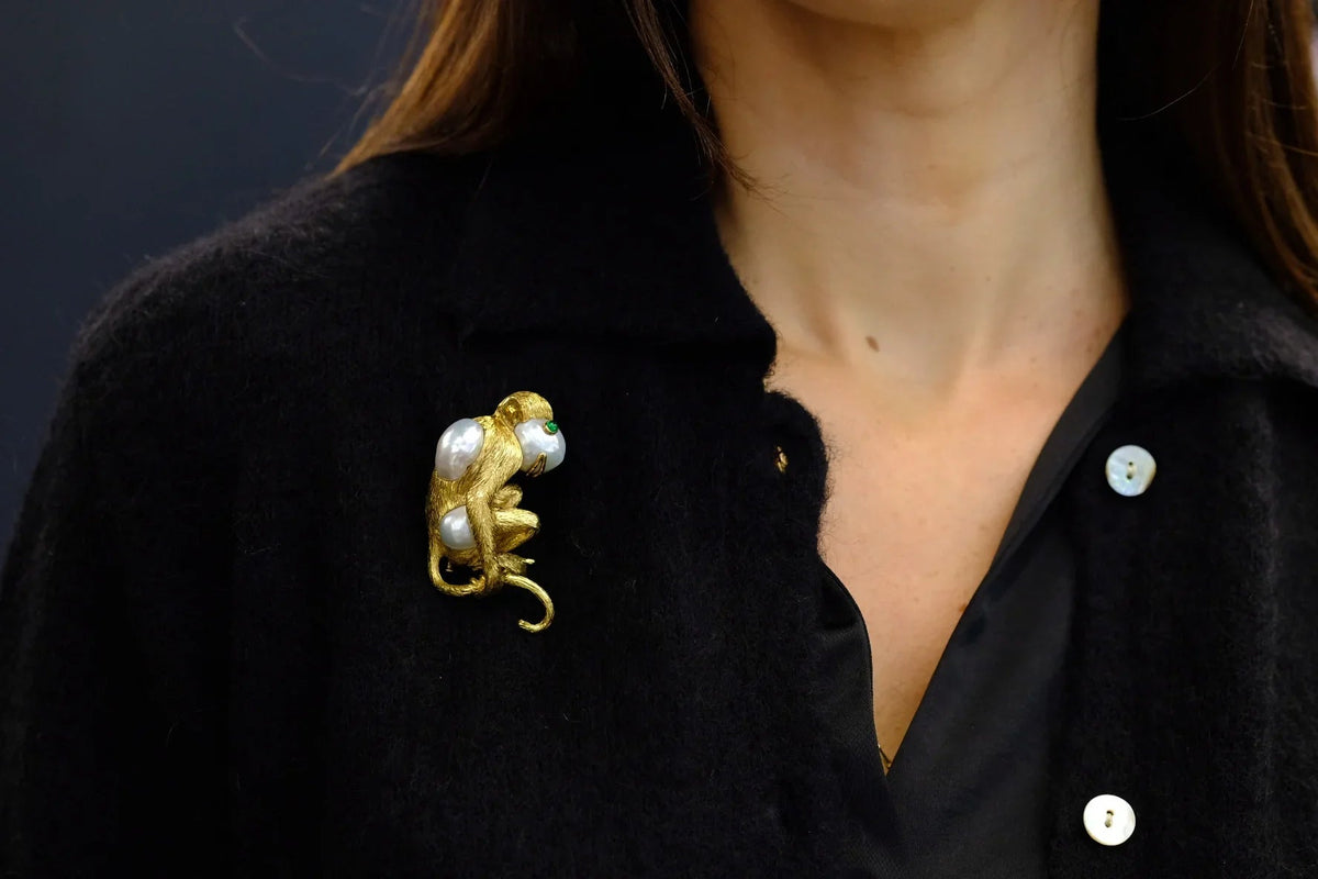 David Webb Platinum & 18K Yellow Gold Monkey On A Pearl And Emerald Eyes Brooch — view 9 — Laura Milman New York