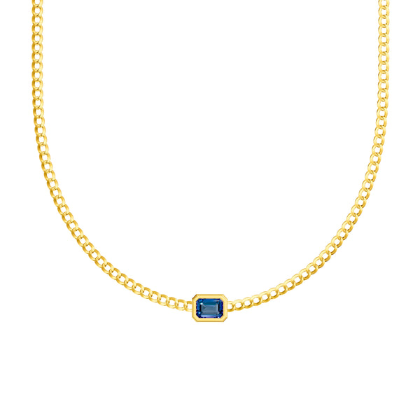 Emerald-Cut London Blue Topaz Curb Necklace in Yellow Gold — front view — Laura Milman New York