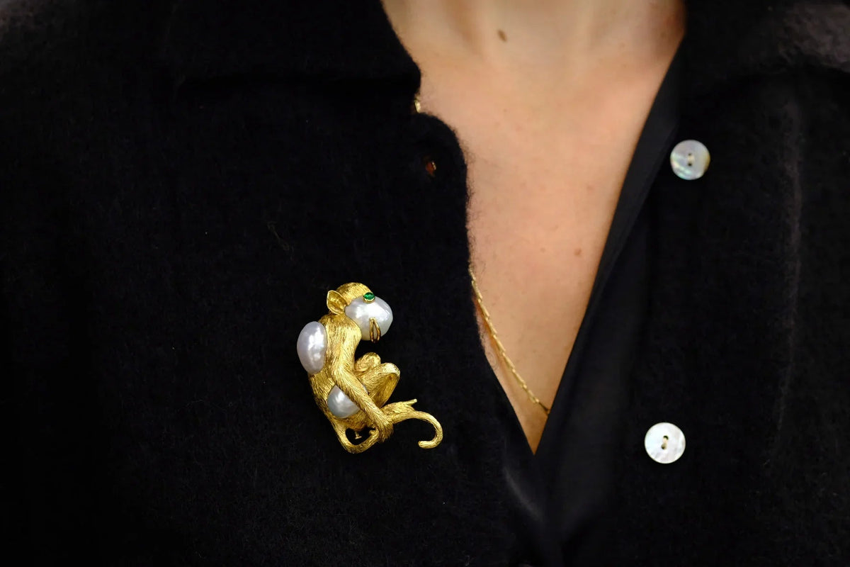 David Webb Platinum & 18K Yellow Gold Monkey On A Pearl And Emerald Eyes Brooch — view 6 — Laura Milman New York