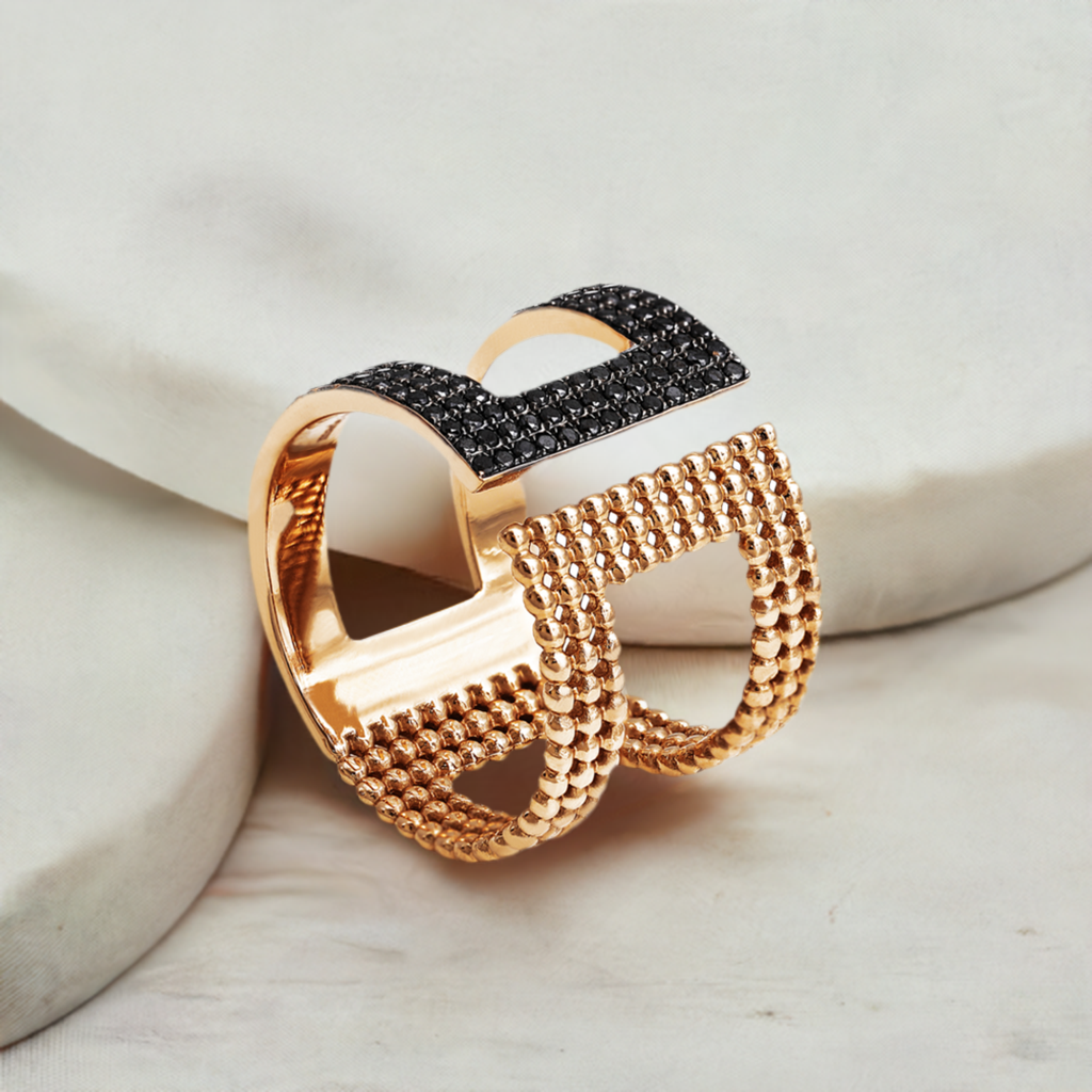 Open Bangle Black Diamond Pave and Gold Dotted Ring