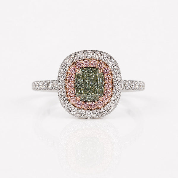 1.03ct Fancy Grayish Yellowish Green Cushion Diamond Double Halo Ring SI1 GIA