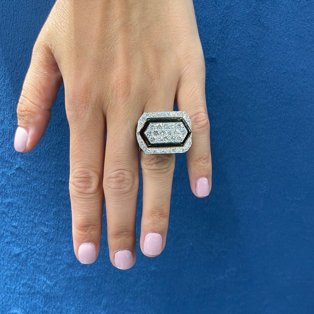 David Webb Platinum & 18K Yellow Gold Black Enamel And Diamond Ring — view 6 — Laura Milman New York