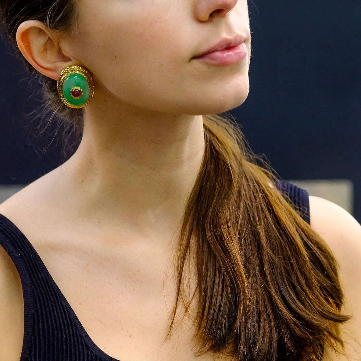 David Webb Platinum & 18K Yellow Gold Large Oversized Jade Ruby Clip On Earrings — view 7 — Laura Milman New York