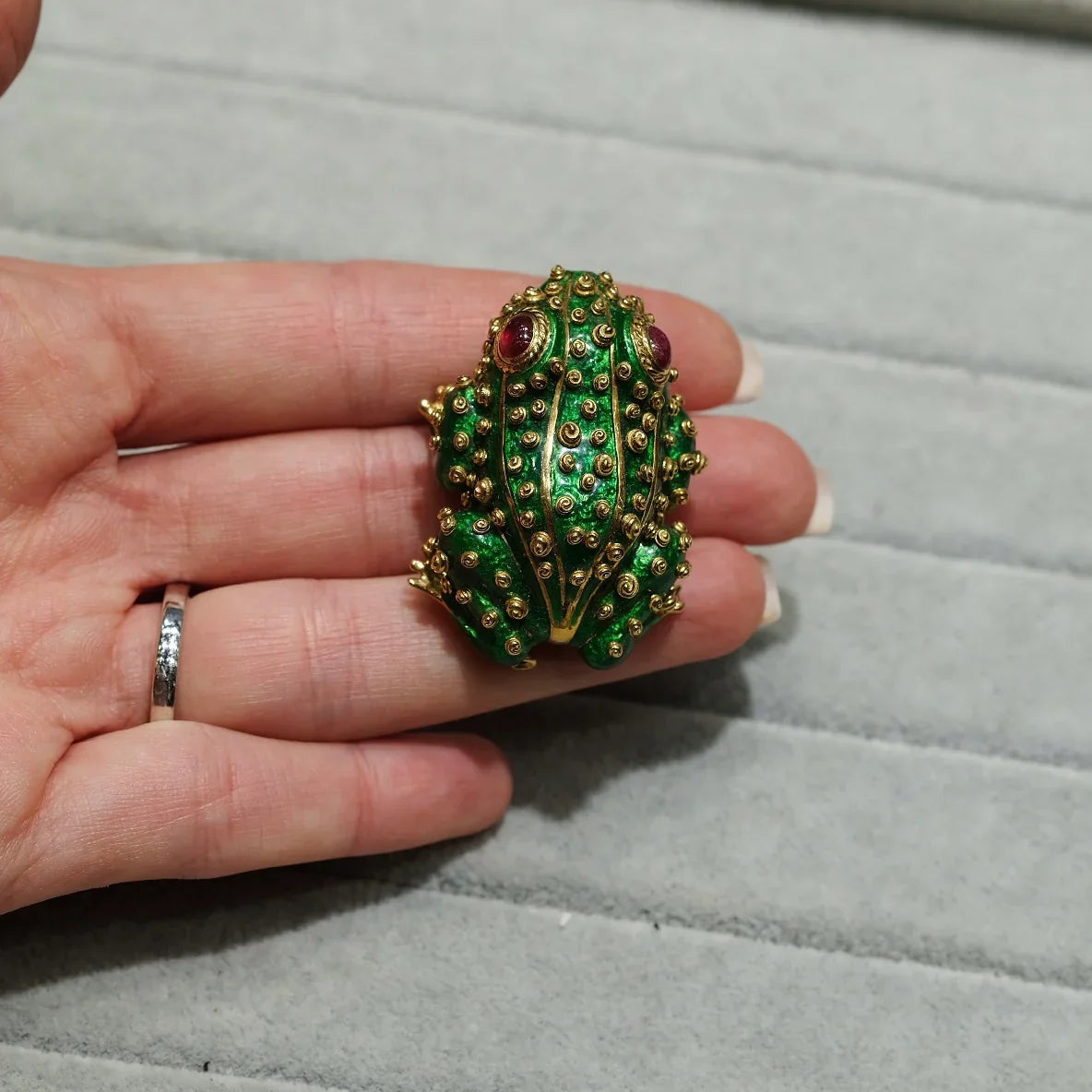 David Webb Kingdom Platinum & 18K Yellow Gold Green Enamel Frog Brooch — view 2 — Laura Milman New York
