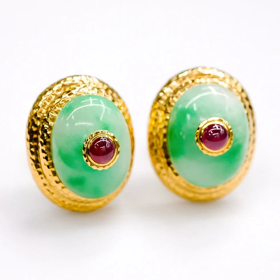 David Webb Platinum & 18K Yellow Gold Large Oversized Jade Ruby Clip On Earrings — view 6 — Laura Milman New York