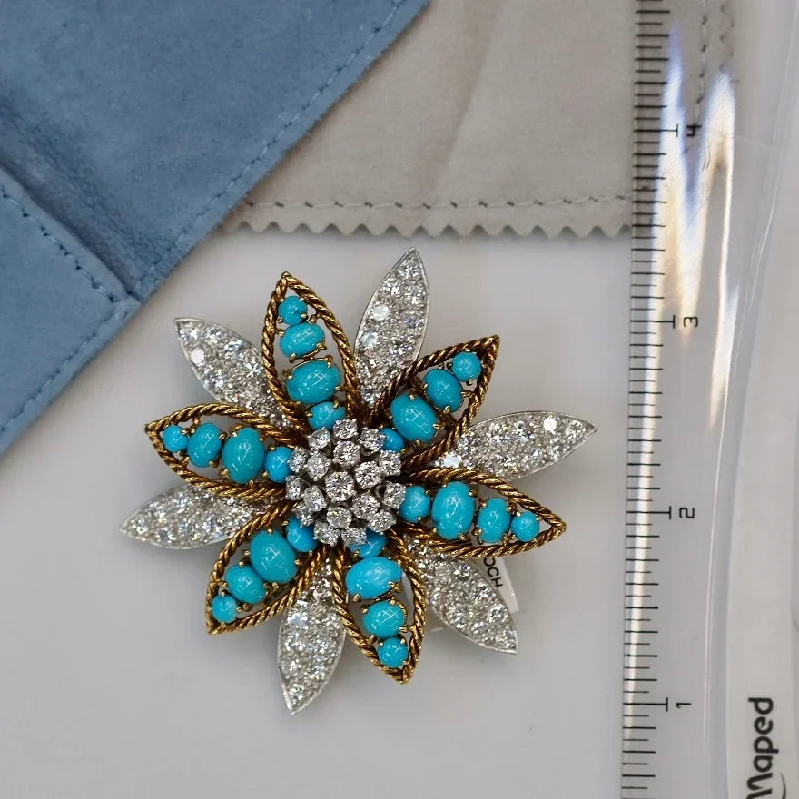 David Webb Platinum & 18K Yellow Gold Turquoise, Diamond Flower Brooch — view 7 — Laura Milman New York