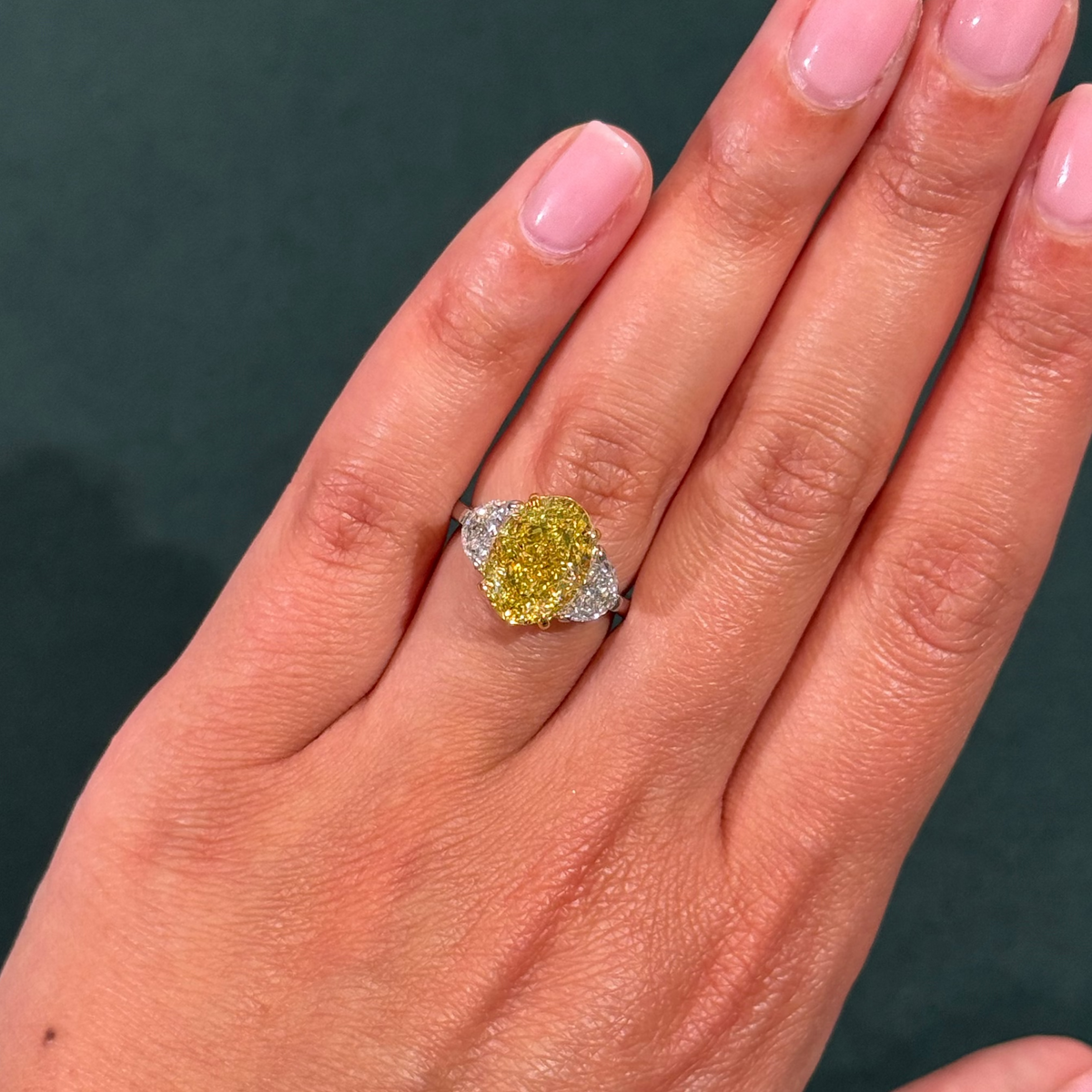 5.01ct Fancy Intense Yellow Oval Diamond Ring VS2 GIA — view 2 — Laura Milman New York