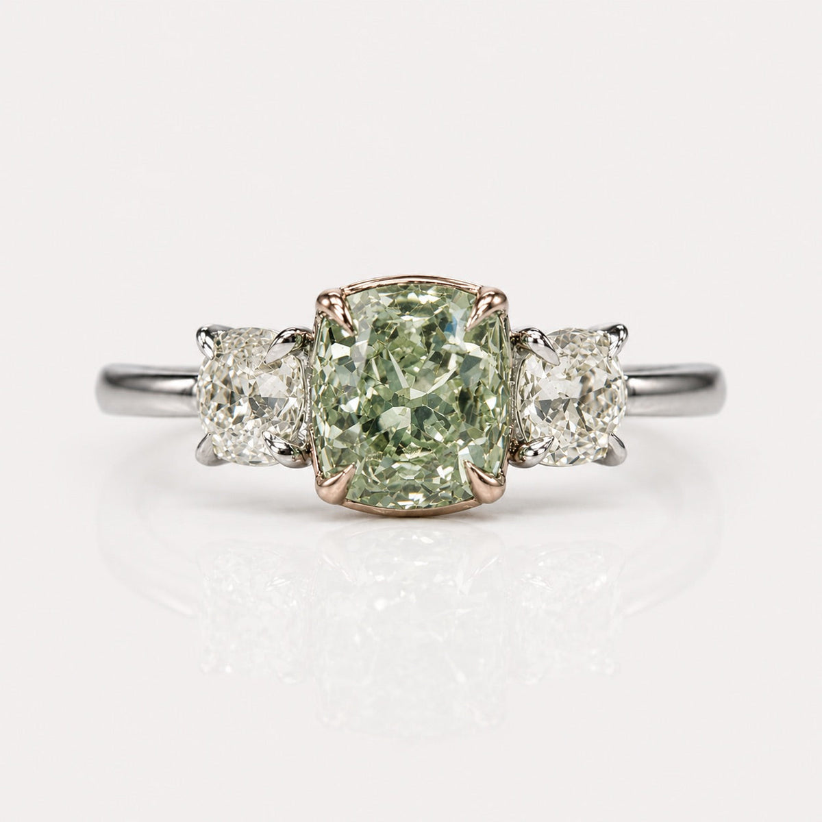 1.53ct Fancy Yellowish Green Old Mine Cushion Diamond Ring SI2 GIA — Laura Milman New York