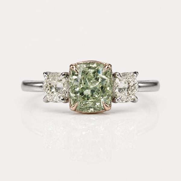 1.53ct Fancy Yellowish Green Old Mine Cushion Diamond Ring SI2 GIA