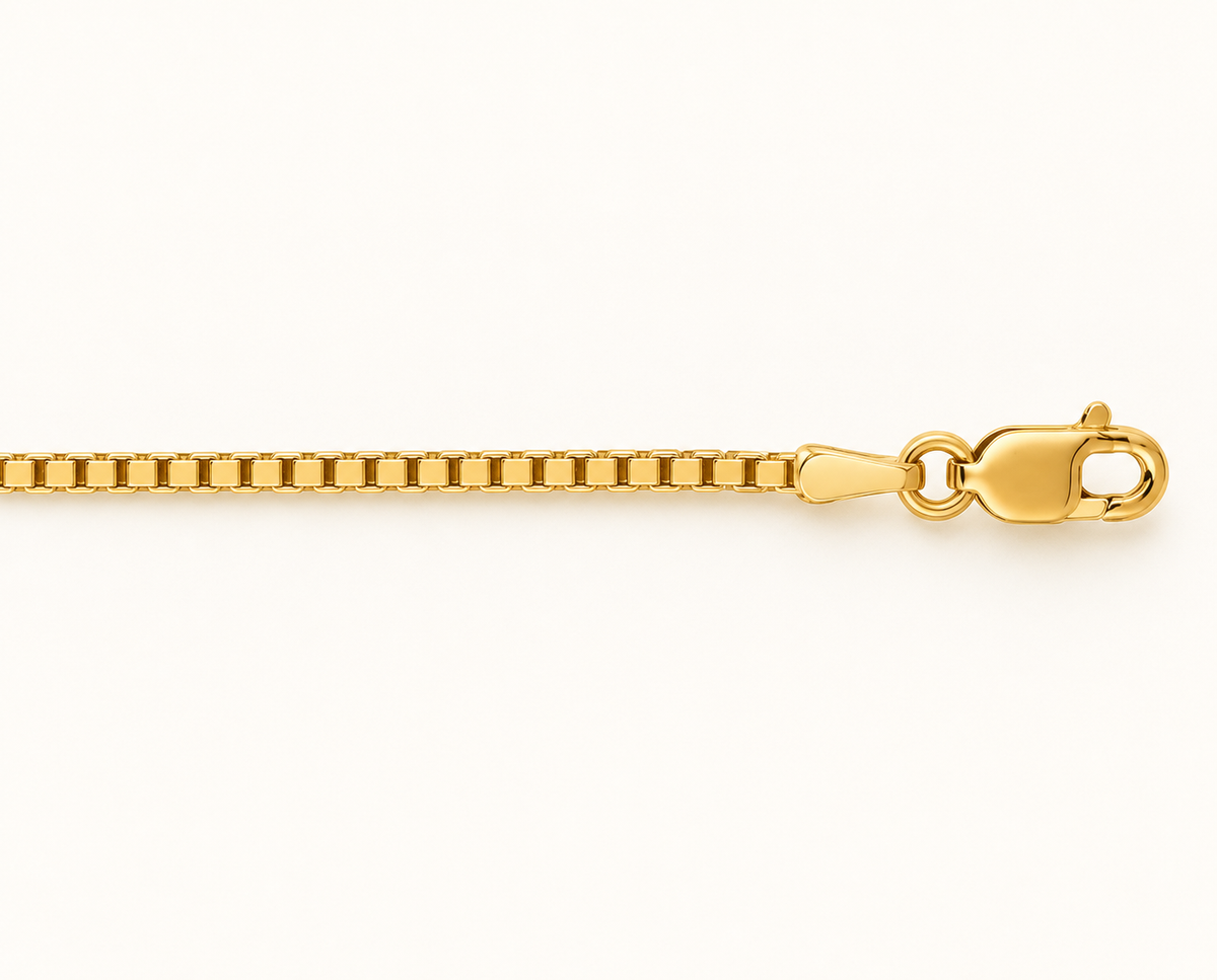 1.4mm Box Chain Necklace in 14K Yellow Gold — detail view — Laura Milman New York