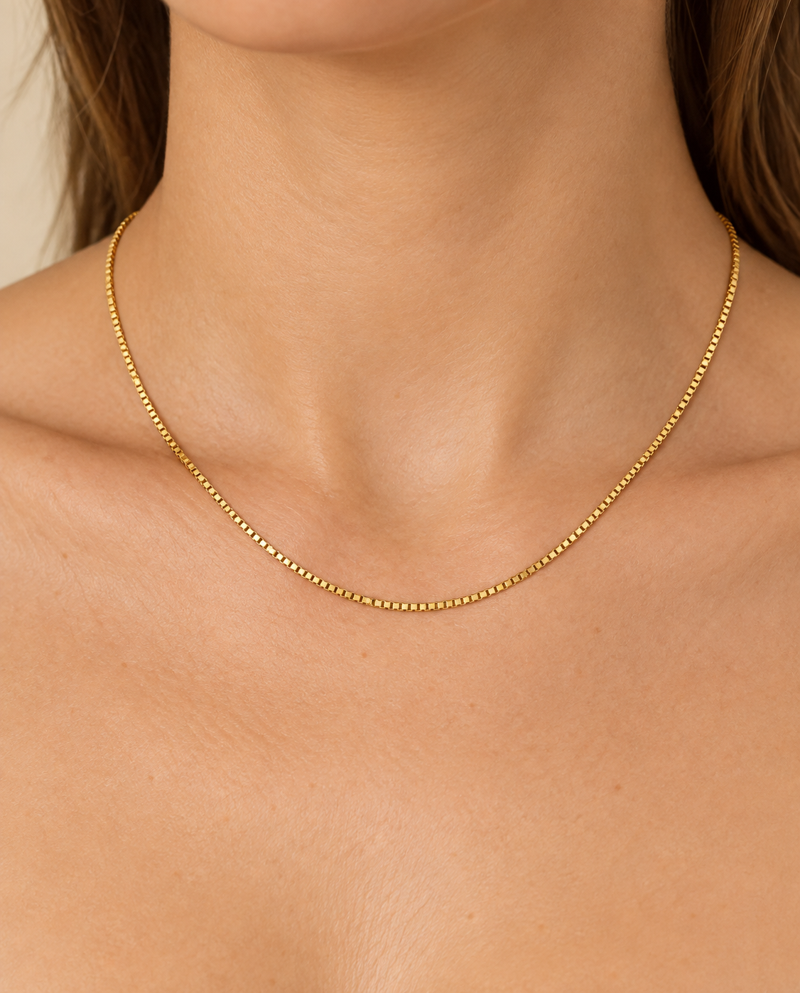 1.4mm Box Chain Necklace in 14K Yellow Gold — on-body view — Laura Milman New York
