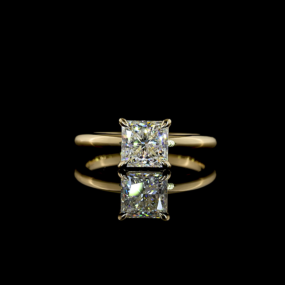 Princess Solitaire setting design reference in 14K yellow gold; pictured center diamond is not included — Laura Milman New York