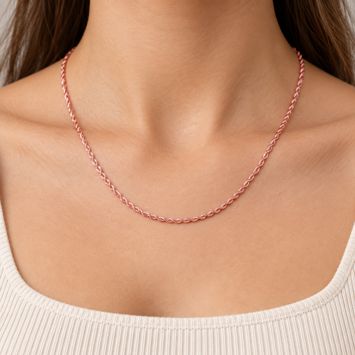 2.3mm Rope Chain Necklace in 14K Rose Gold — on-body view — Laura Milman New York