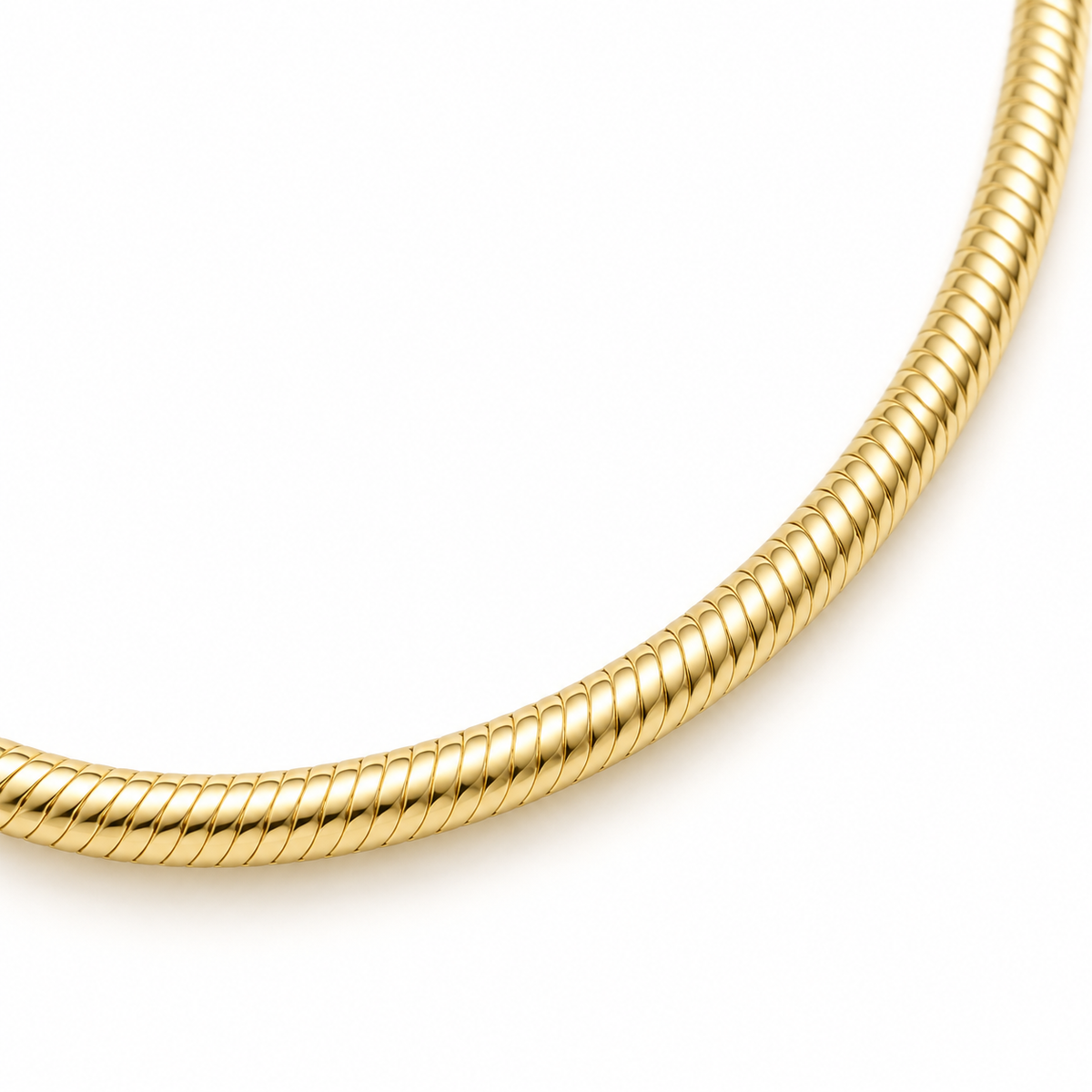 2mm Snake Chain Necklace in 14K Yellow Gold — detail view — Laura Milman New York