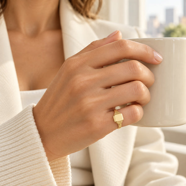 Mini Signet Ring in 14K Yellow Gold, Laura Milman New York, worn on the pinky
