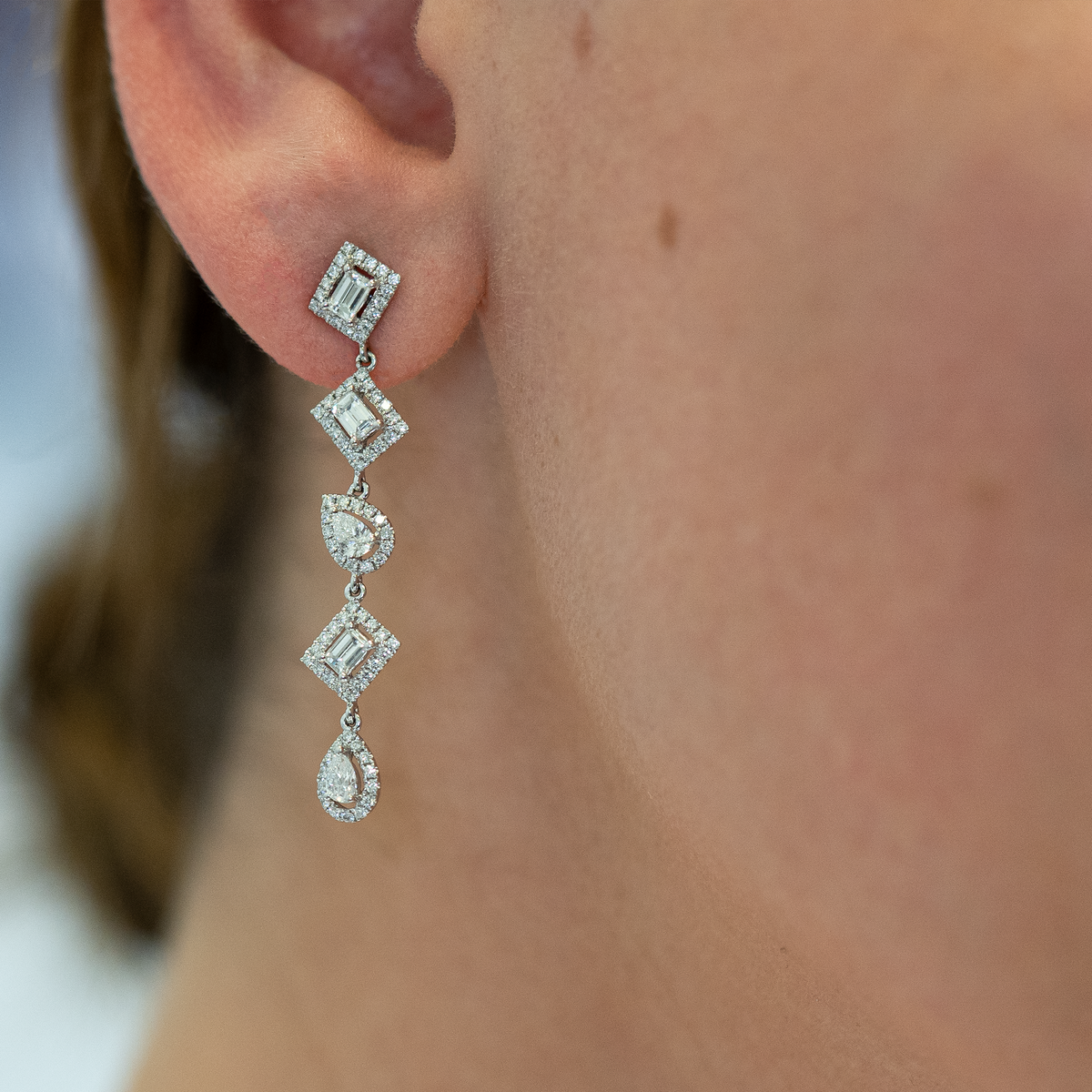 Pear and Emerald Cut in Diamond Halo Drop Earrings - Laura Milman New York