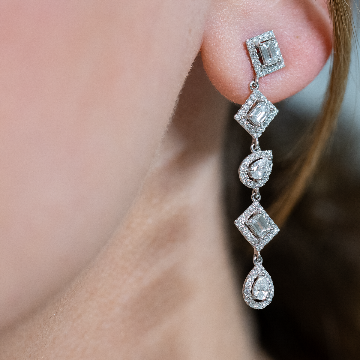 Pear and Emerald Cut in Diamond Halo Drop Earrings — Laura Milman New York