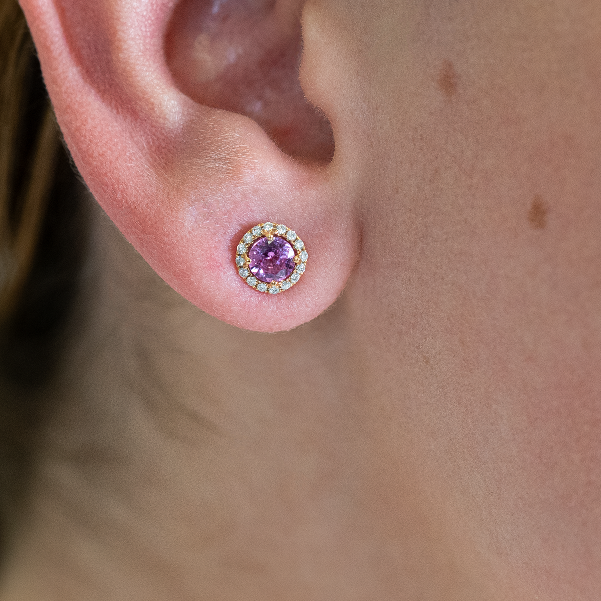 Pink Sapphire in Diamond Halo Studs - Laura Milman New York