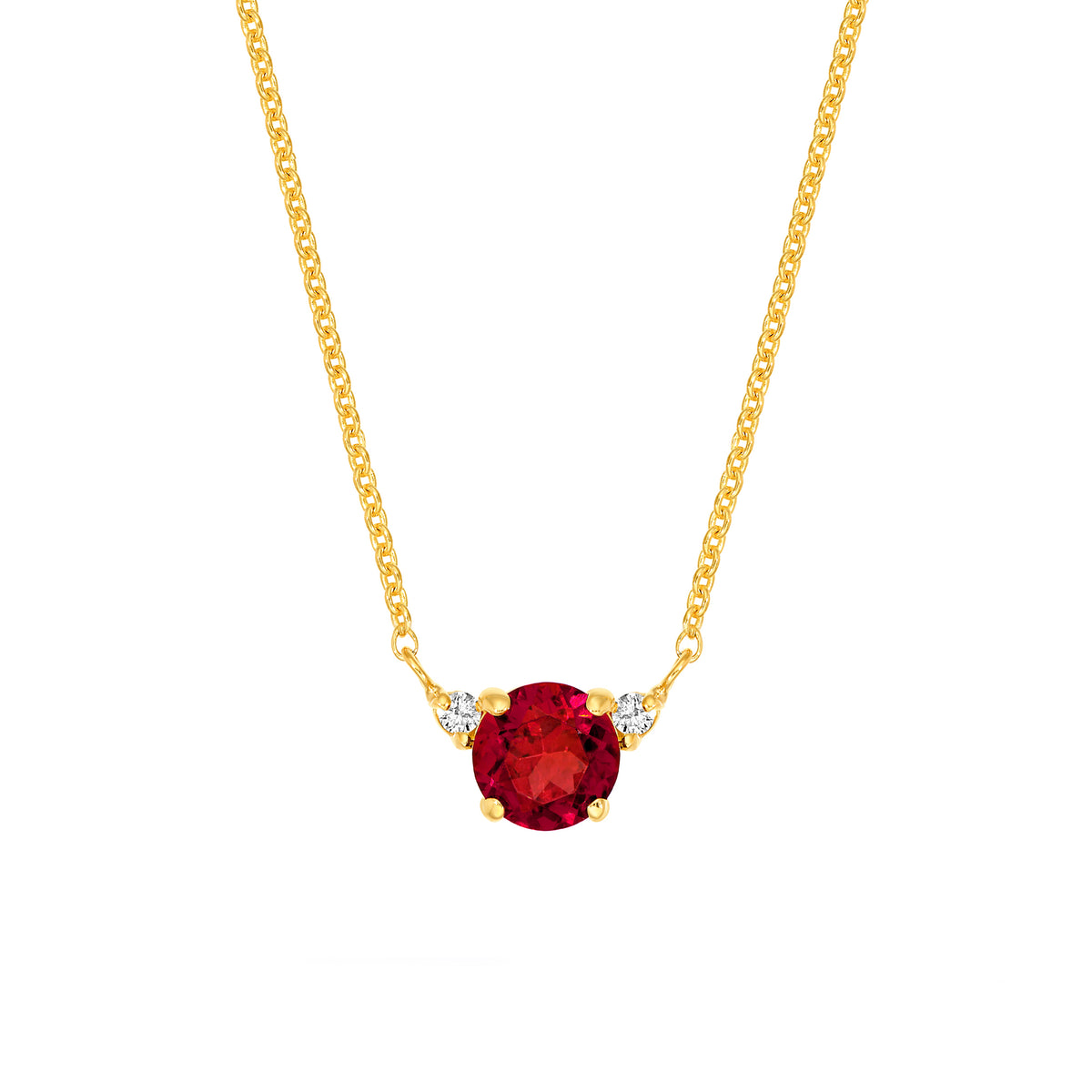 Red Garnet and Diamond Pendant Necklace in Yellow Gold — front view — Laura Milman New York