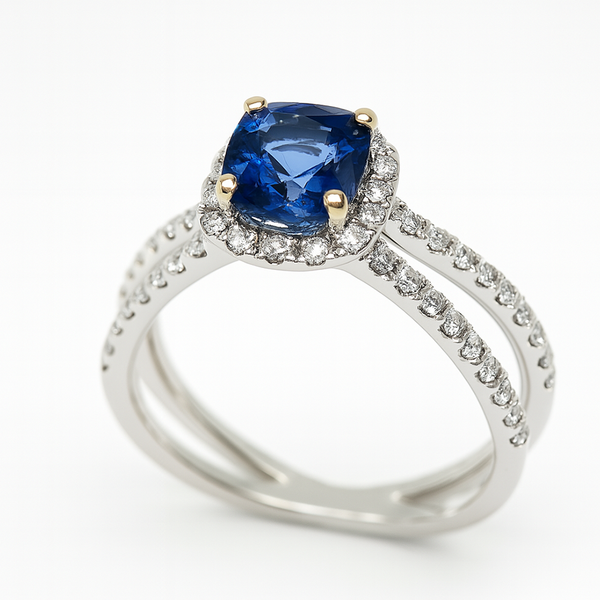 Blue Sapphire Halo Ring with Diamond Ring - Laura Milman New York