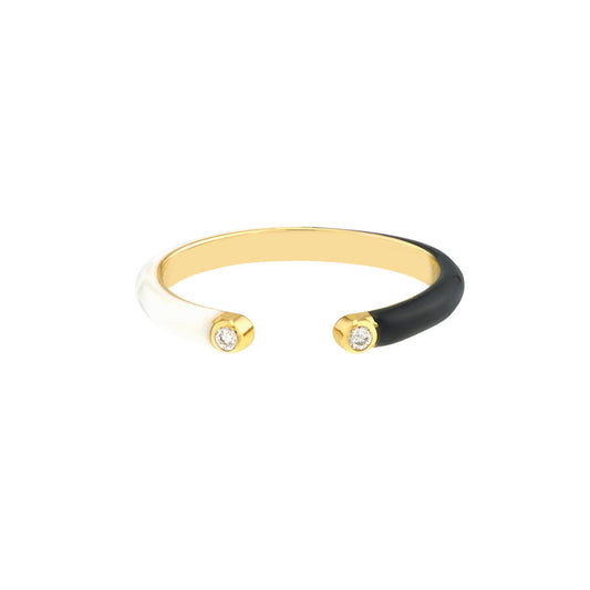 Diamond Cuff Ring with 1/2 White 1/2 Black Enamel - Laura's Gems