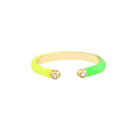 Diamond Cuff Ring with 1/2 Green 1/2 Yellow Enamel - Laura's Gems