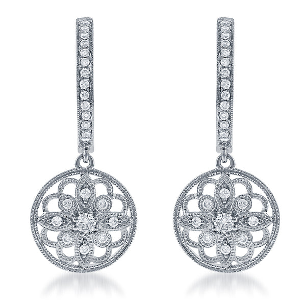 Diamond Dangle Flower Petal Earrings in 18k White Gold - Laura's Gems