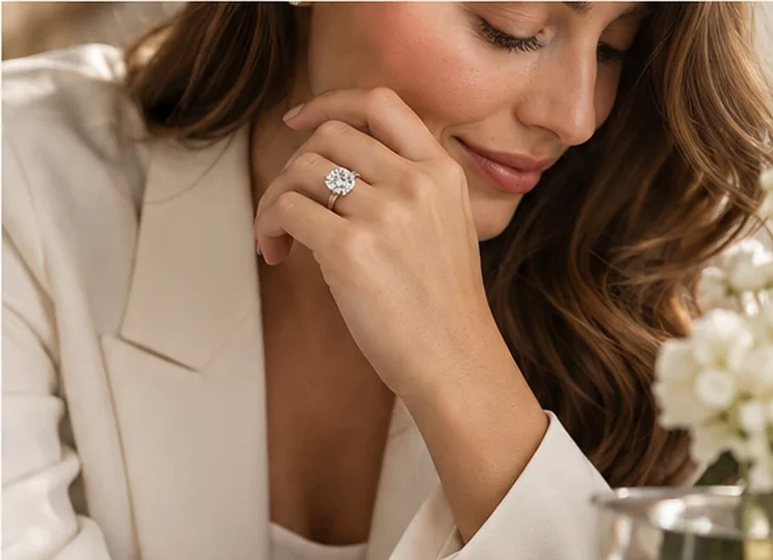 Woman in an ivory blazer wearing a diamond solitaire ring
