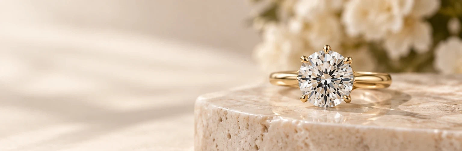 Round diamond solitaire engagement ring in yellow gold on a travertine pedestal