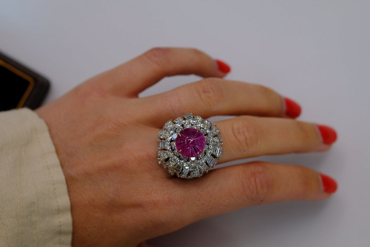 David Webb Platinum & 18K White Gold Carved Ruby And Diamond Bombe Cocktail Ring — view 7 — Laura Milman New York