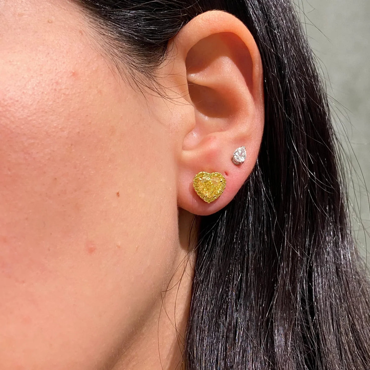 3.71ctw Fancy Intense Yellow Heart Diamond Halo Stud Earrings GIA — view 3 — Laura Milman New York