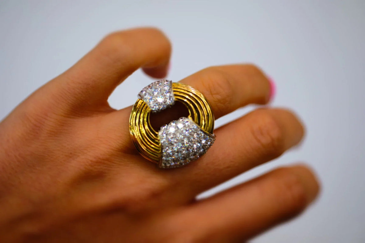 David Webb Platinum & 18K Yellow Gold Cocktail Diamond Fluted Ring — view 5 — Laura Milman New York