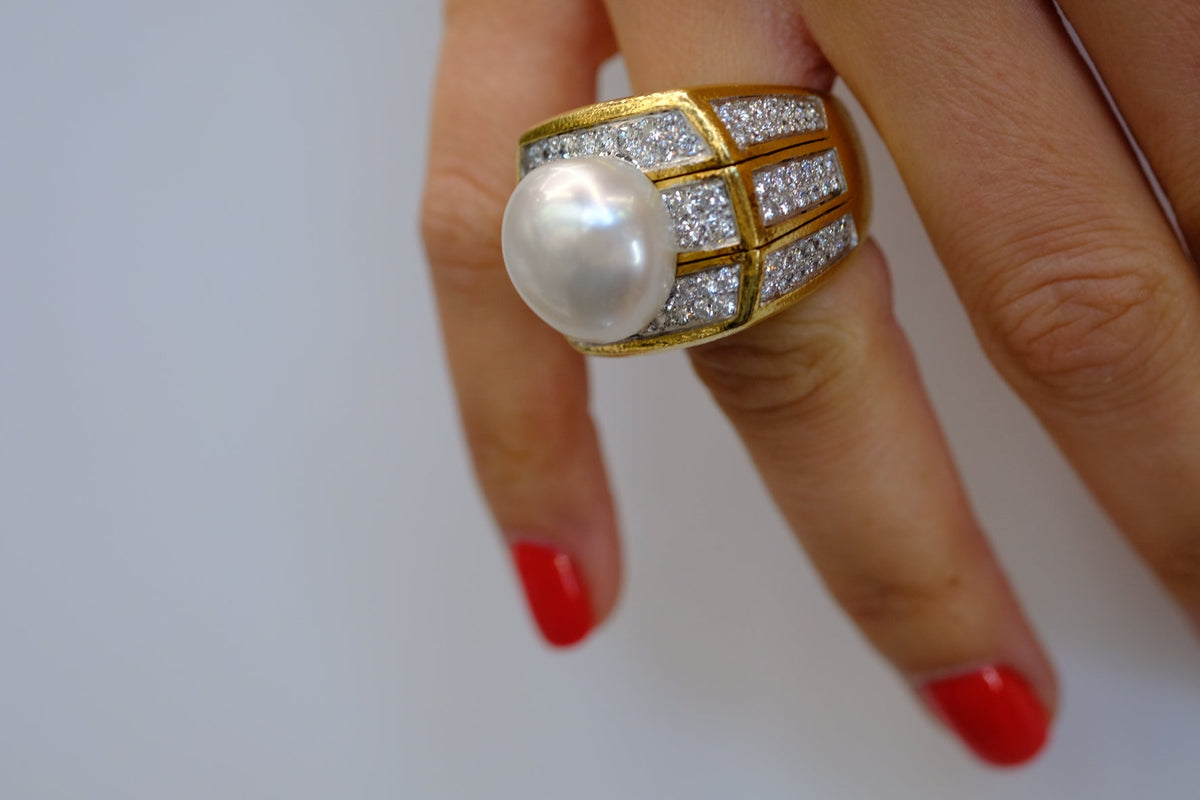 David Webb Platinum & 18K Yellow Gold Pearl And 9.00cttw Diamond Ring — view 8 — Laura Milman New York