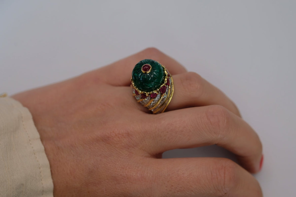 David Webb Platinum & 18K Yellow Gold Mughal Carved Emerald And Ruby Ring — view 7 — Laura Milman New York