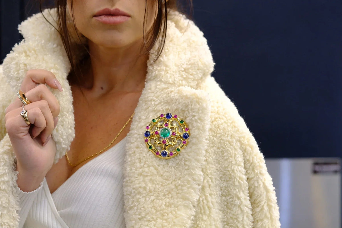 David Webb 18K Yellow Gold Cabochon Emerald, Sapphire, Ruby And Diamond Brooch — view 6 — Laura Milman New York