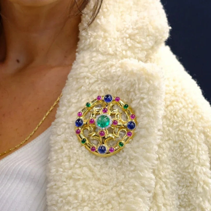David Webb 18K Yellow Gold Cabochon Emerald, Sapphire, Ruby And Diamond Brooch — view 7 — Laura Milman New York
