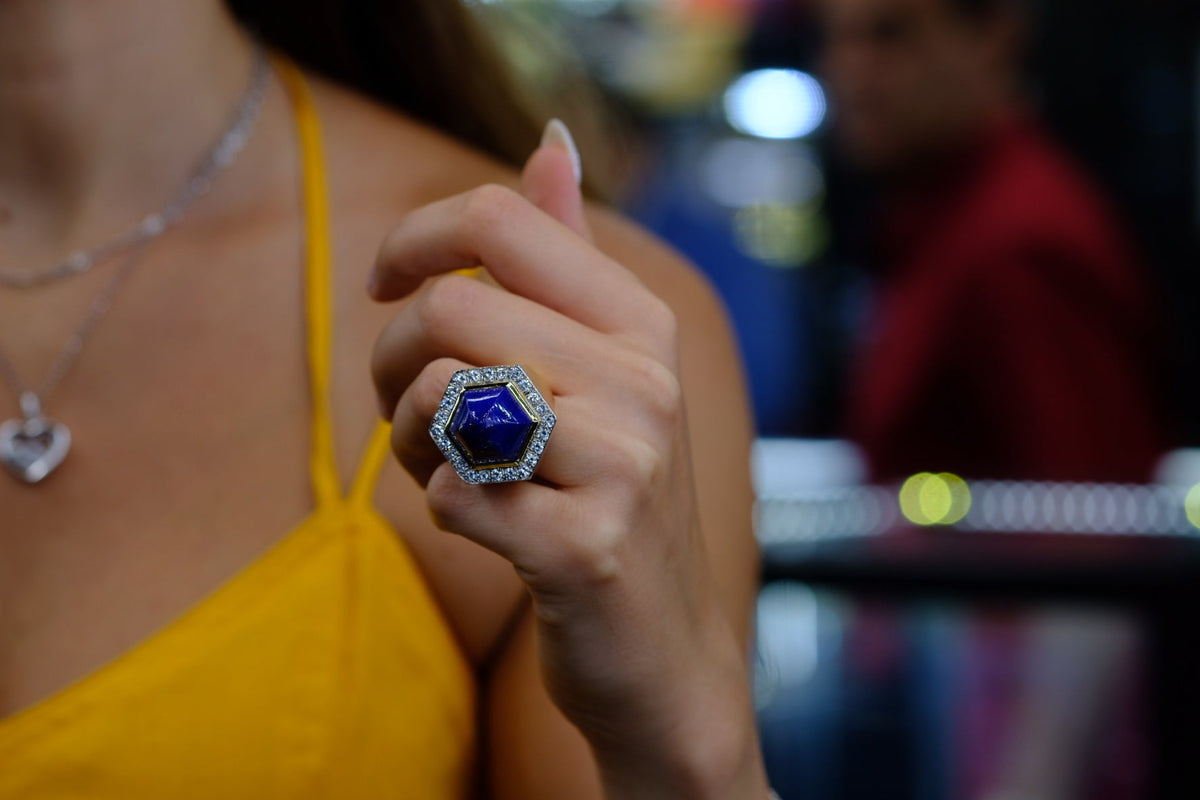 David Webb Platinum & 18K Yellow Gold Oversized Lapis And Diamond Ring — view 5 — Laura Milman New York