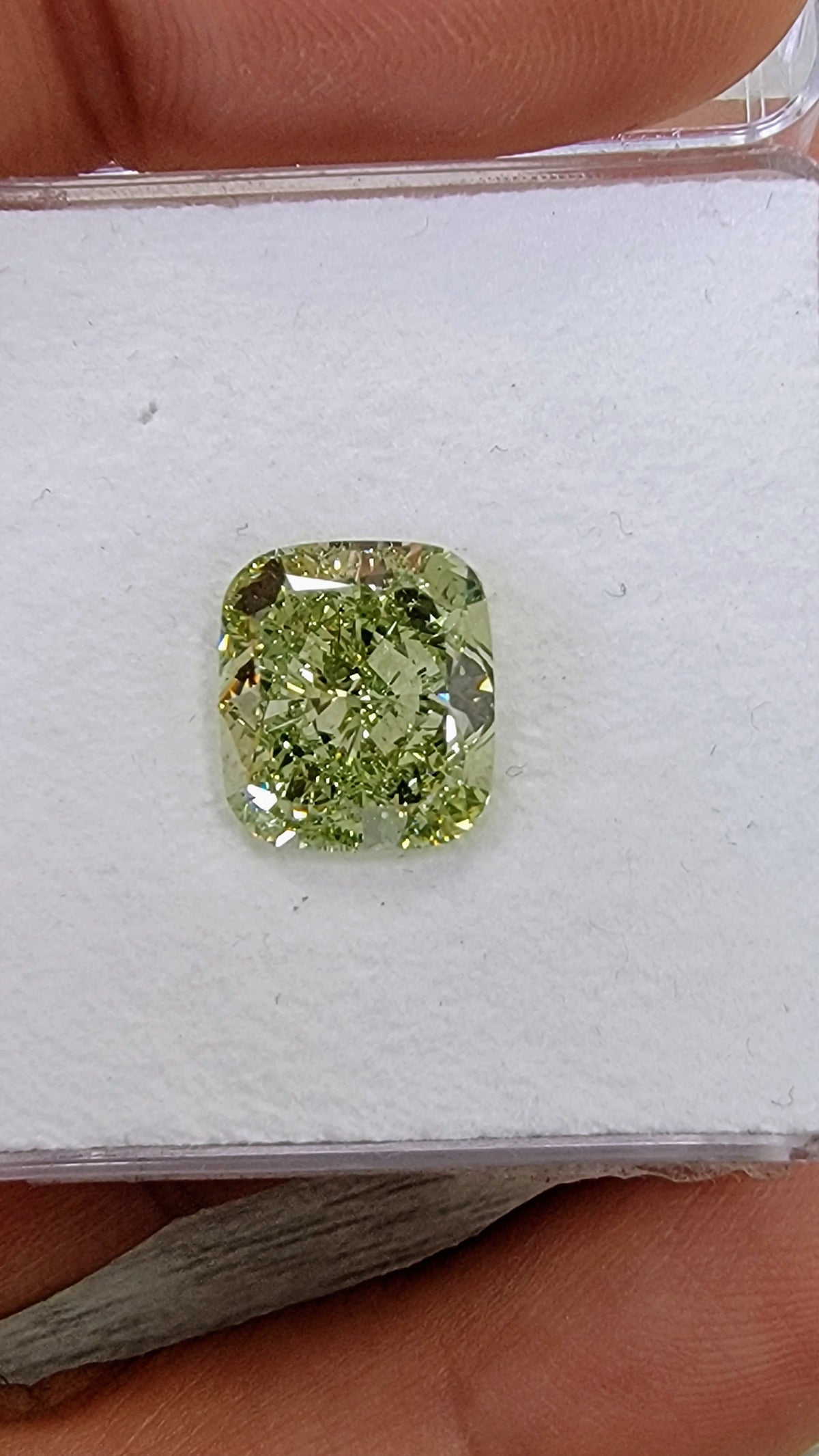 6.08ct Fancy Yellow-Green Cushion Diamond Ring SI1 GIA — view 6 — Laura Milman New York