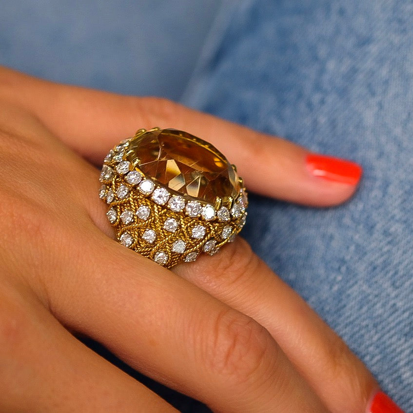David Webb Platinum & 18K Yellow Gold 5.50 Carat Diamond, Oval Citrine Ring — view 2 — Laura Milman New York