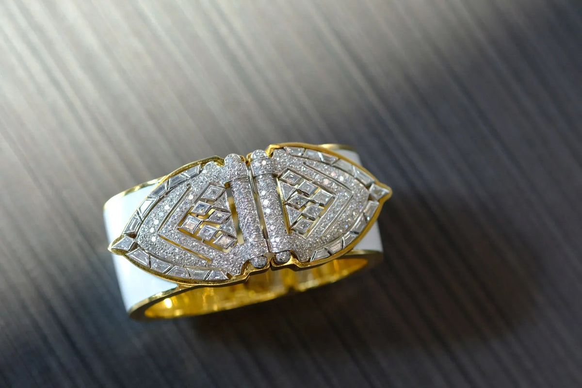 David Webb Platinum & 18K Yellow Gold White Enamel Shield Diamond Clips Cuff Bracelet — view 8 — Laura Milman New York