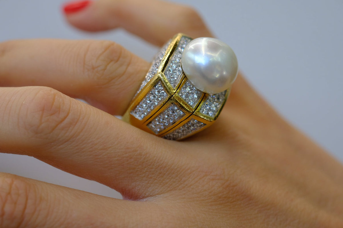 David Webb Platinum & 18K Yellow Gold Pearl And 9.00cttw Diamond Ring — view 6 — Laura Milman New York