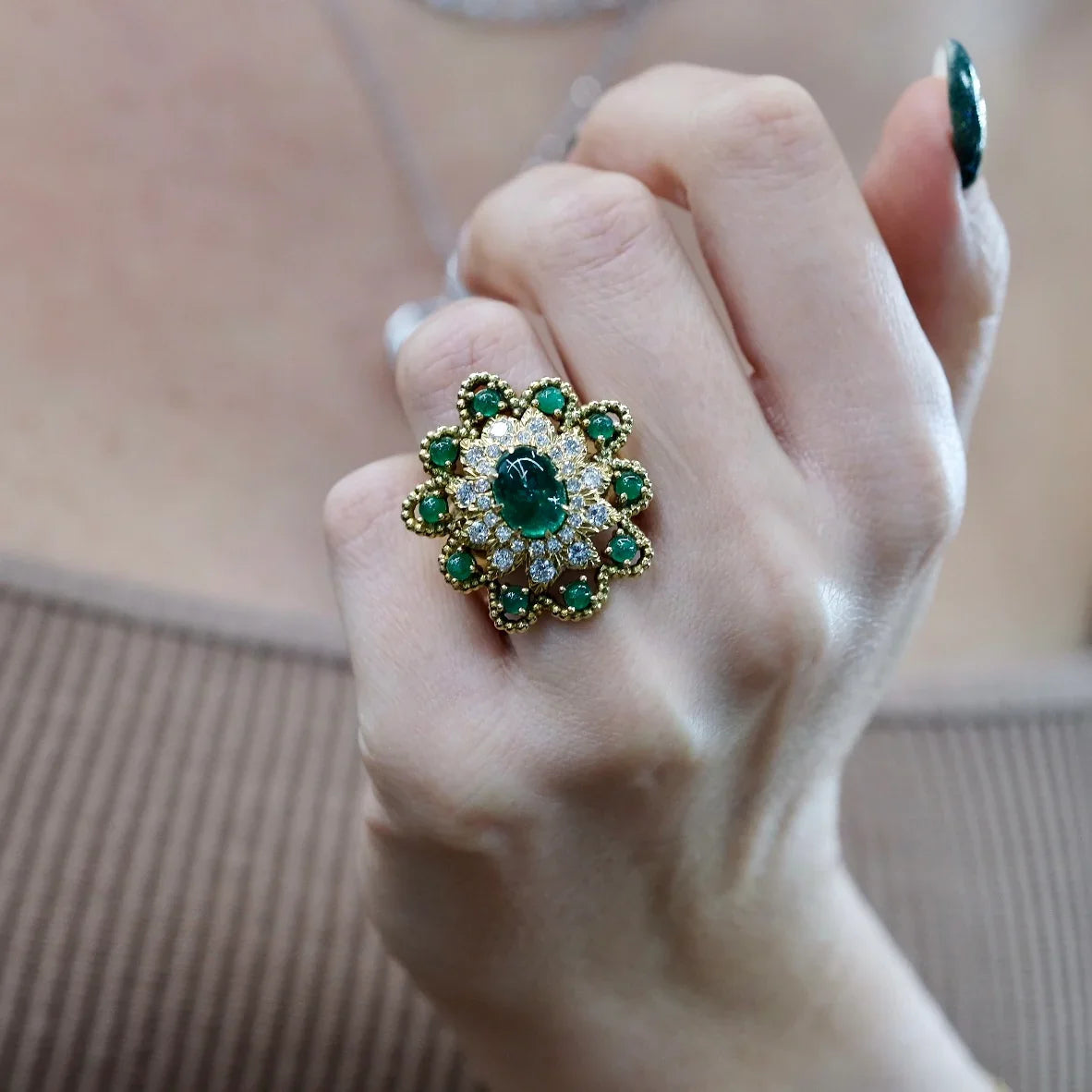 David Webb 18K Yellow Gold Green Emerald Diamond Flower Ring — view 5 — Laura Milman New York
