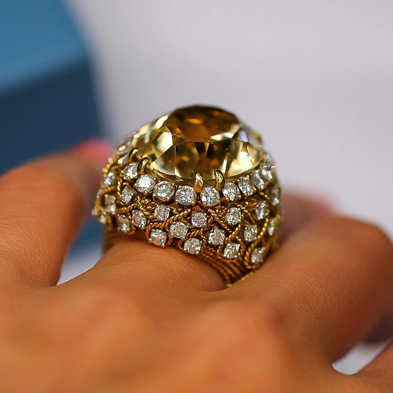 David Webb Platinum & 18K Yellow Gold 5.50 Carat Diamond, Oval Citrine Ring — view 3 — Laura Milman New York