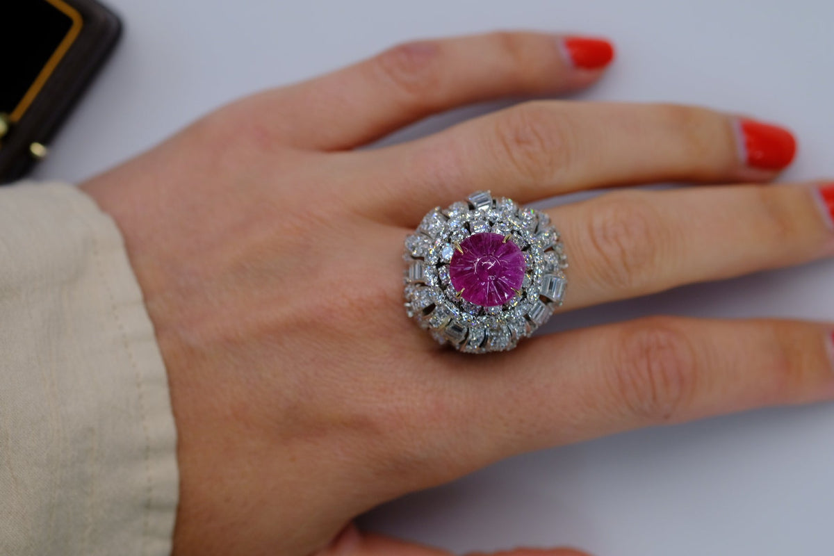 David Webb Platinum & 18K White Gold Carved Ruby And Diamond Bombe Cocktail Ring — view 5 — Laura Milman New York
