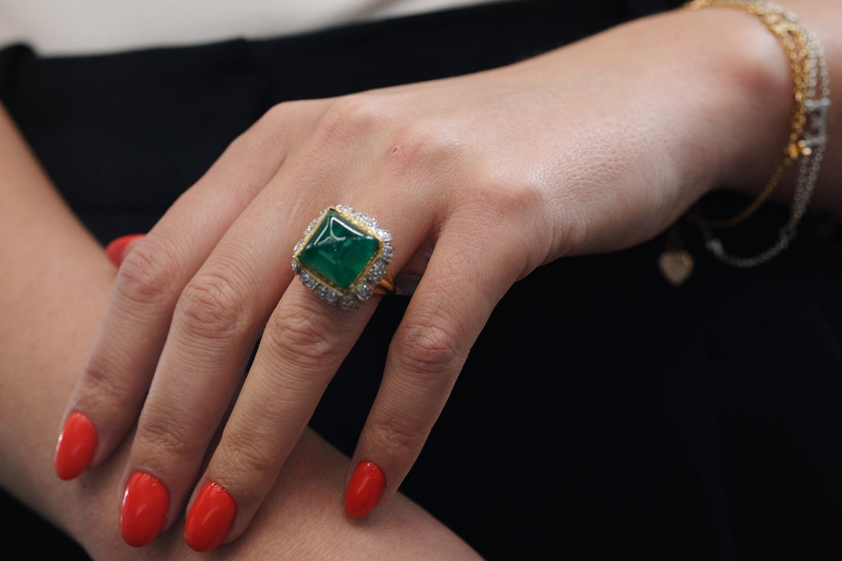 David Webb Platinum & 18K Yellow Gold 1960's Green Emerald Sugarloaf Ring — view 6 — Laura Milman New York