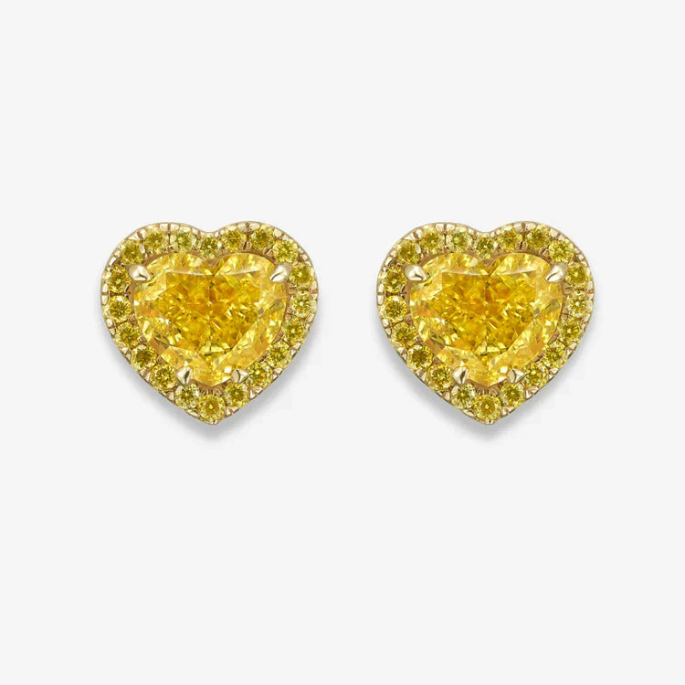 3.71ctw Fancy Intense Yellow Heart Diamond Halo Stud Earrings GIA — Laura Milman New York
