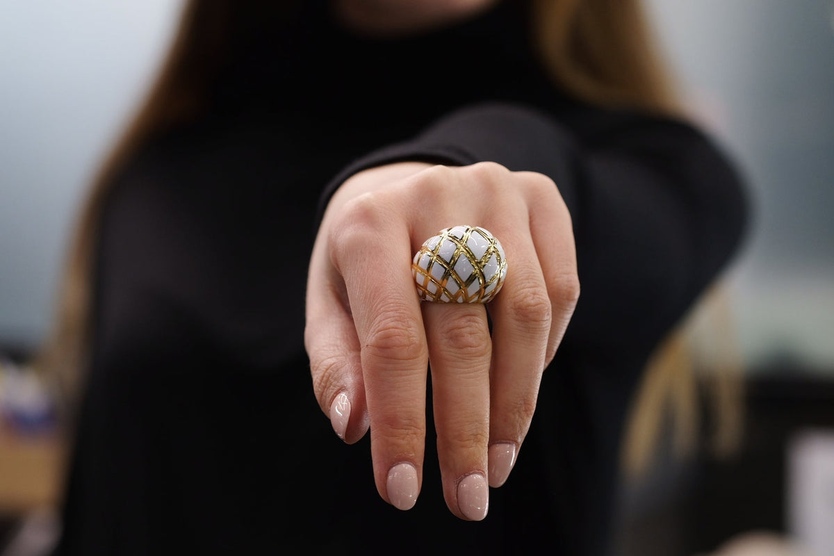 David Webb Platinum & 18K Yellow Gold White Enamel High Dome Ring — view 5 — Laura Milman New York