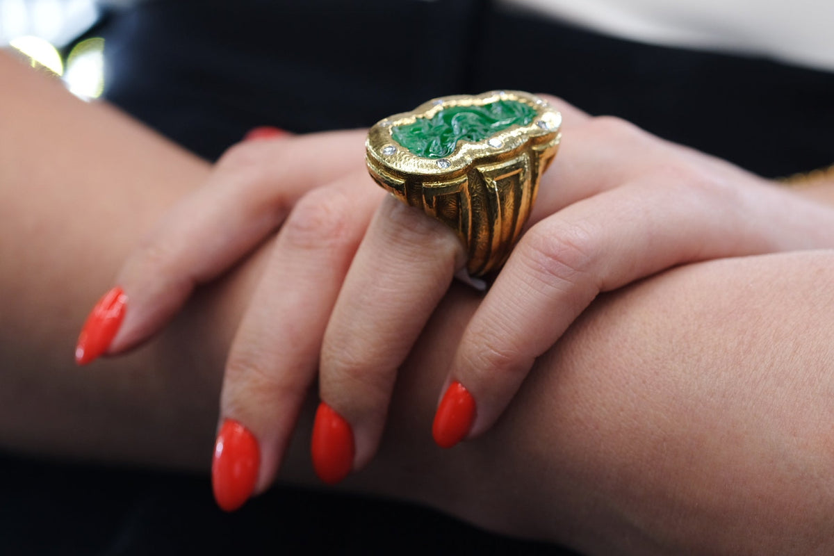 David Webb Platinum & 18K Yellow Gold 1970's Carved Jade Dragon Style Ring — view 6 — Laura Milman New York