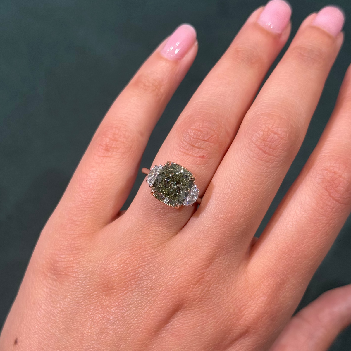 6.08ct Fancy Yellow-Green Cushion Diamond Ring SI1 GIA — view 2 — Laura Milman New York