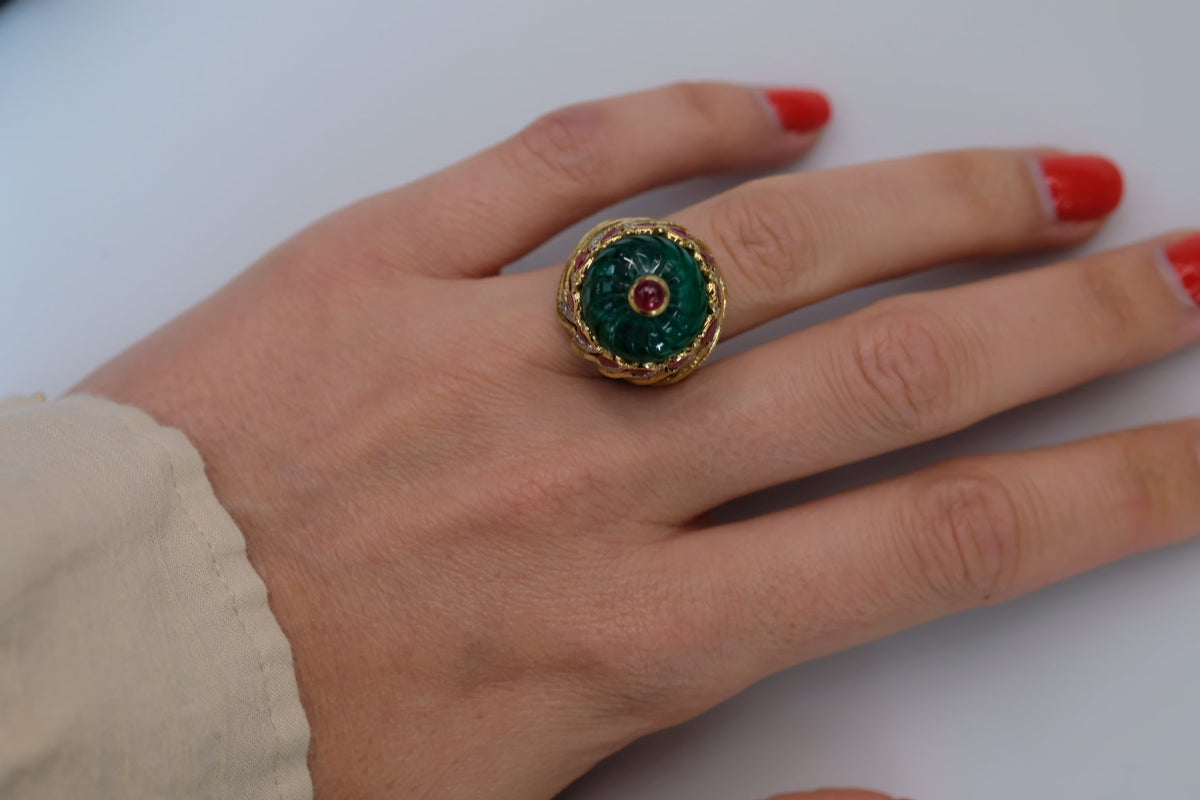 David Webb Platinum & 18K Yellow Gold Mughal Carved Emerald And Ruby Ring — view 8 — Laura Milman New York